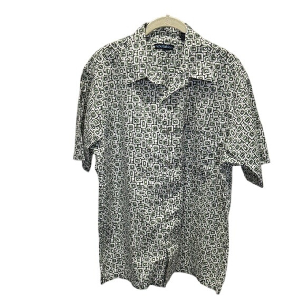 Reputation Mens L Button Up Short Sleeve‎ Green Geometric Pattern Shirt